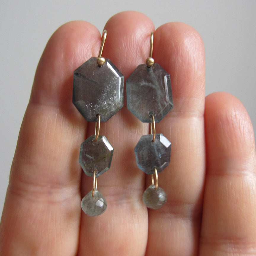 moss aquamarine angular slice and faceted drop triple stone solid 14k gold earrings5