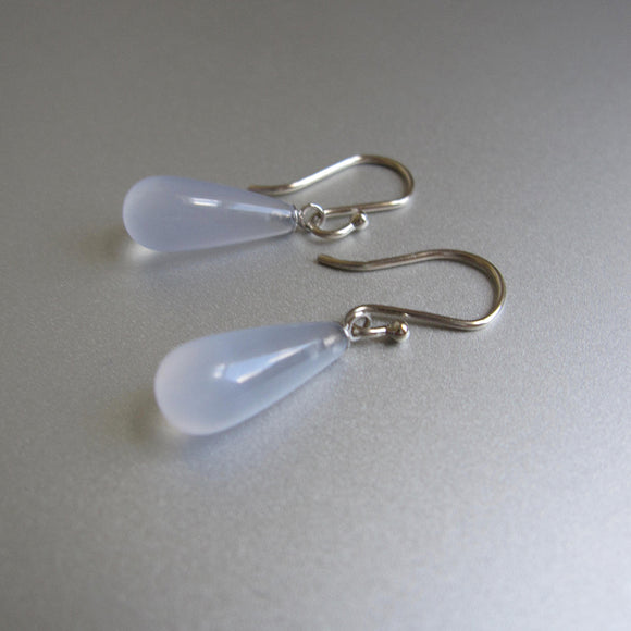 smooth blue chalcedony drops solid 14k white gold earrings