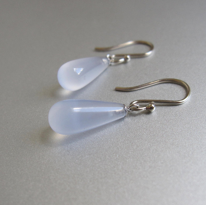 smooth blue chalcedony drops solid 14k white gold earrings