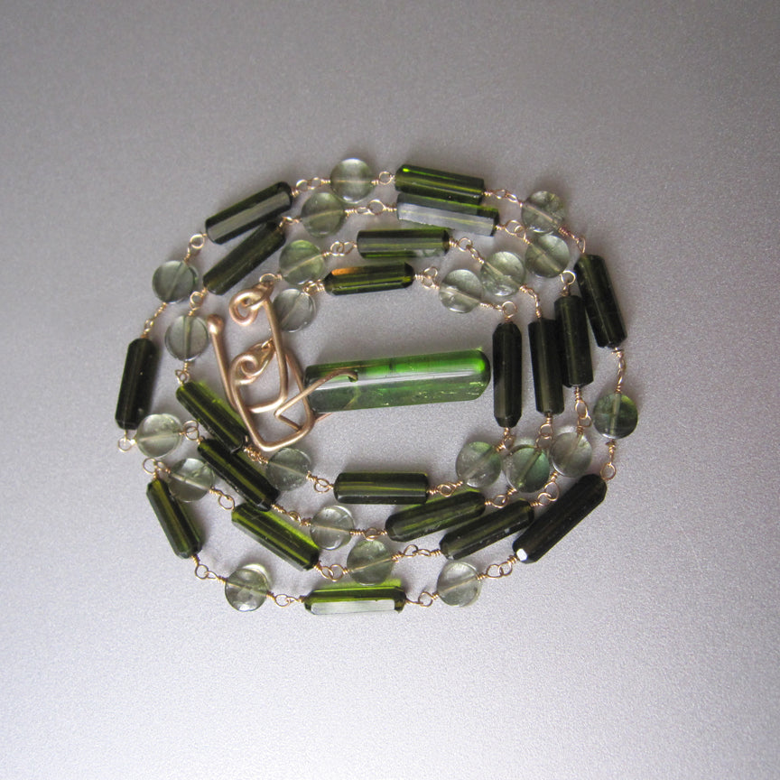 green tourmaline cyrstal beaded necklace solid 14k gold