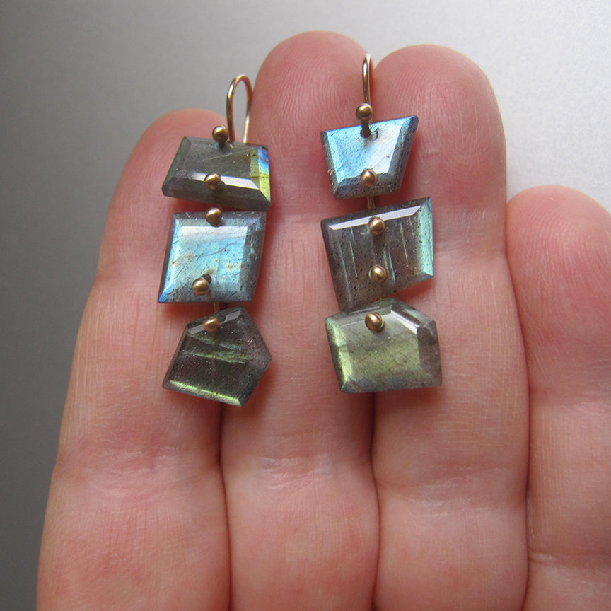 geometric nugget labradorite triple drops solid 14k gold earrings