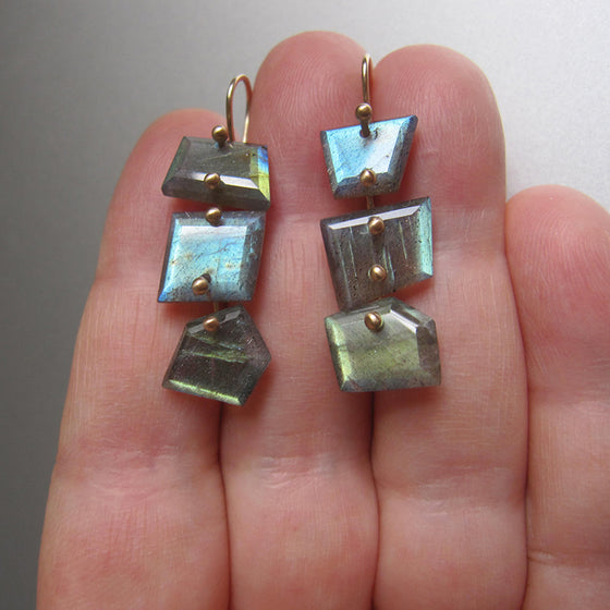 geometric nugget labradorite triple drops solid 14k gold earrings