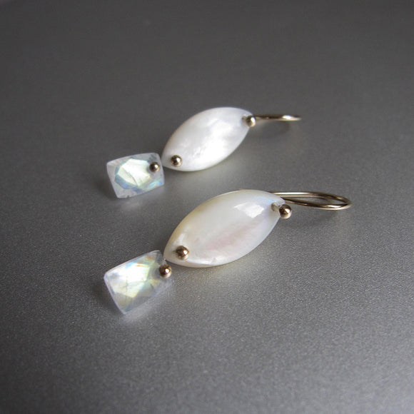 mother of pearl marquise and rainbow moonstone tablet dangles solid 14k gold earrings