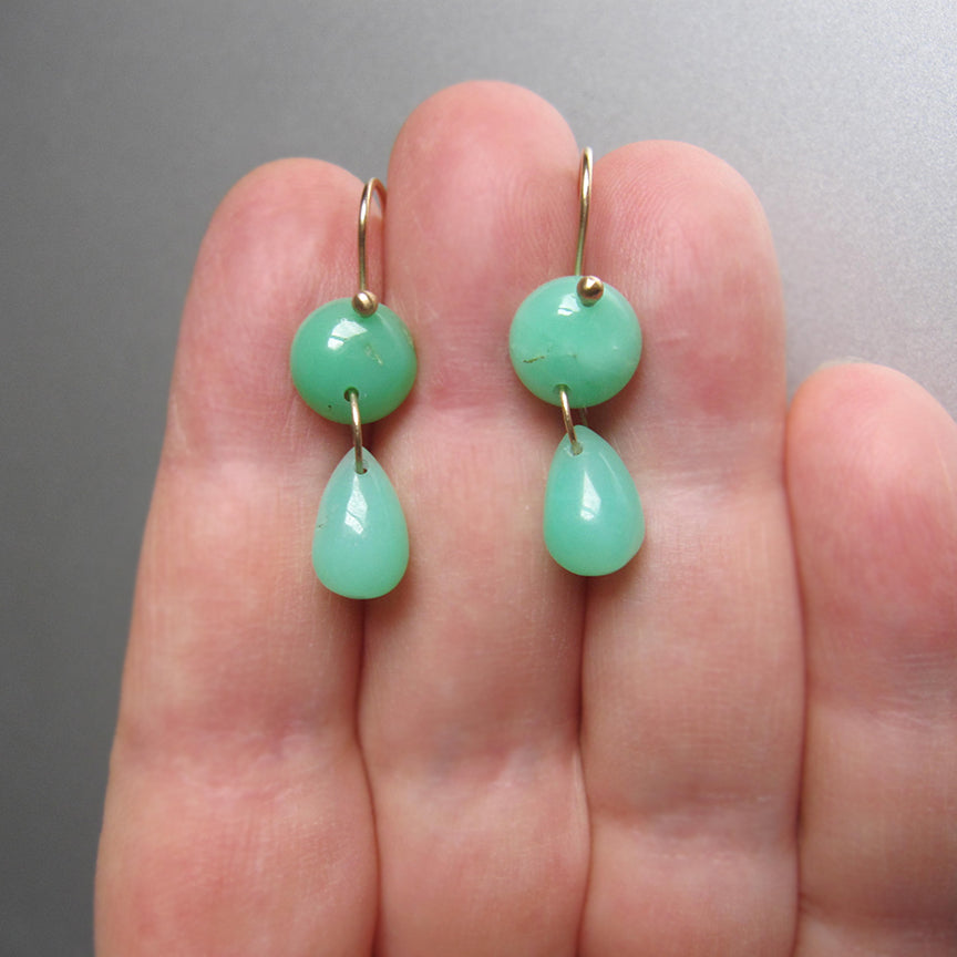 chrysoprase smooth button and drop double drops solid 14k gold earrings