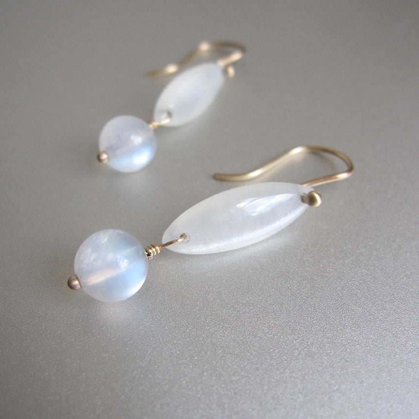 White and Blue Moonstone Double Drops, Solid 14k Gold Earrings