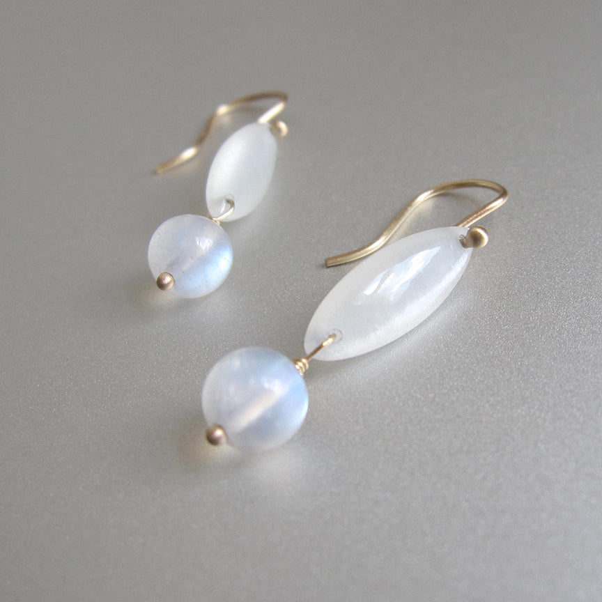 White and Blue Moonstone Double Drops, Solid 14k Gold Earrings