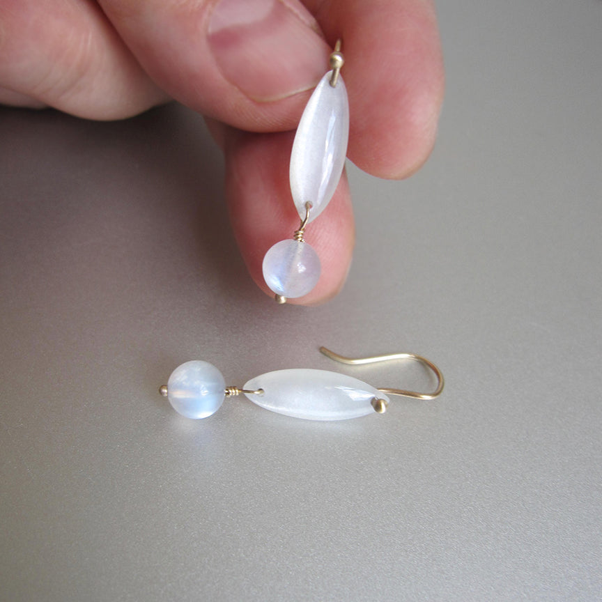 White and Blue Moonstone Double Drops, Solid 14k Gold Earrings