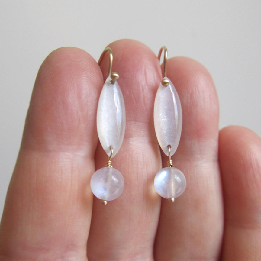 White and Blue Moonstone Double Drops, Solid 14k Gold Earrings