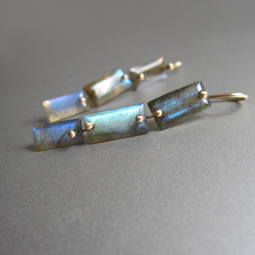 labradorite baguette triple drops solid 14k gold earrings