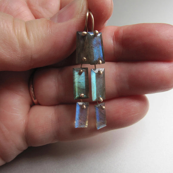 labradorite baguette triple drops solid 14k gold earrings