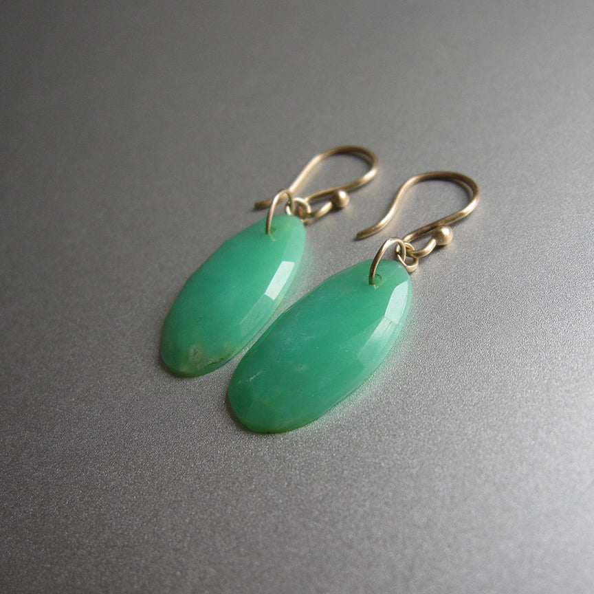 long rose cut chrysoprase slices solid 14k gold earrings