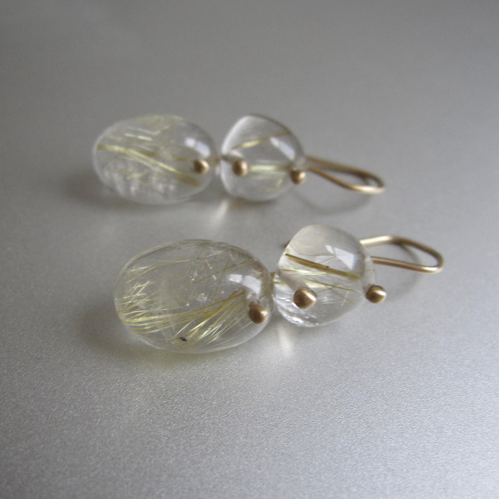 golden rutilated quartz double drops solid 14k gold earrings