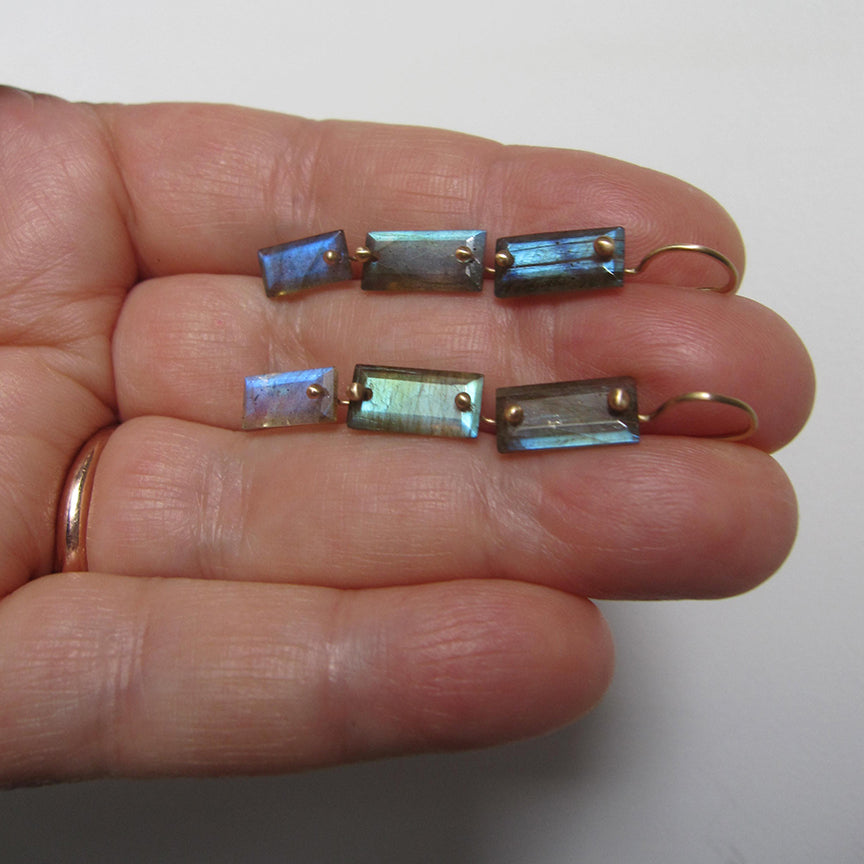 Labradorite Baguette Triple Drops, Solid 14k Gold Earrings