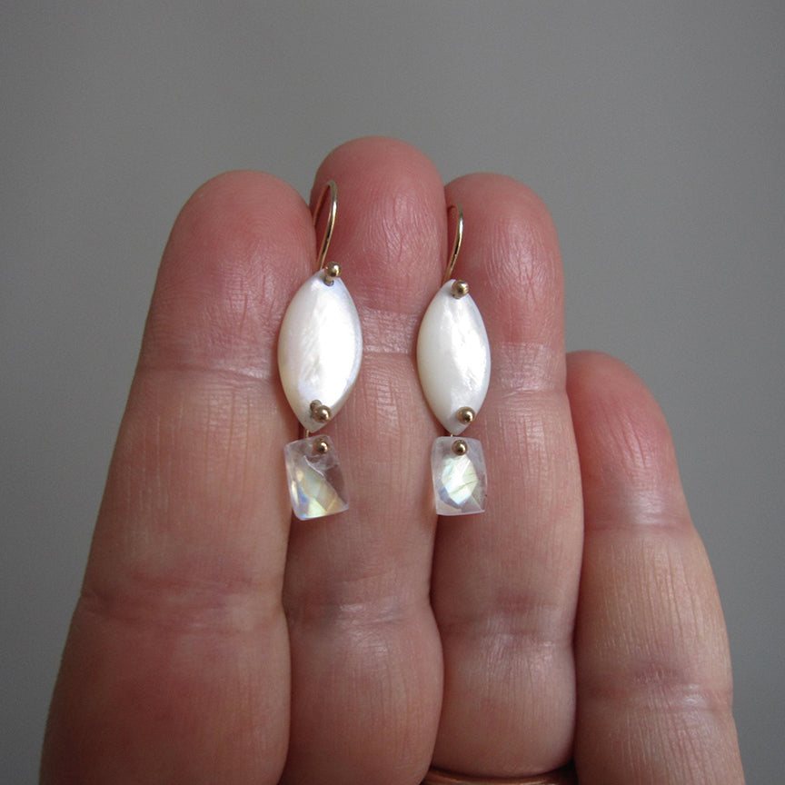 mother of pearl marquise and rainbow moonstone tablet dangles solid 14k gold earrings