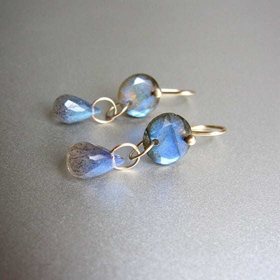 blue labradorite double drop solid 14k gold earrings