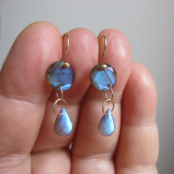 blue labradorite double drop solid 14k gold earrings