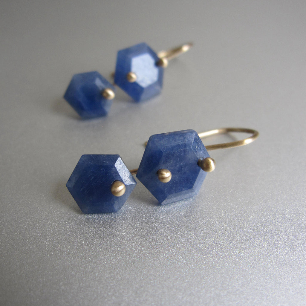 blue sapphire hexagonal double drops solid 14k gold earrings3