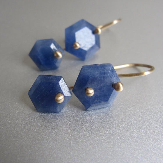 blue sapphire hexagonal double drops solid 14k gold earrings