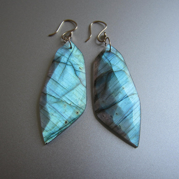 labradorite large pointed slices solid 14k gold earrings