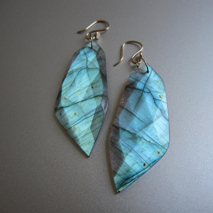 labradorite large pointed slices solid 14k gold earrings