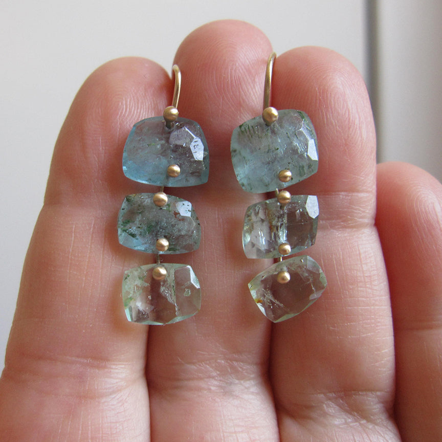 moss aquamarine cushion triple drop solid 14k gold earrings