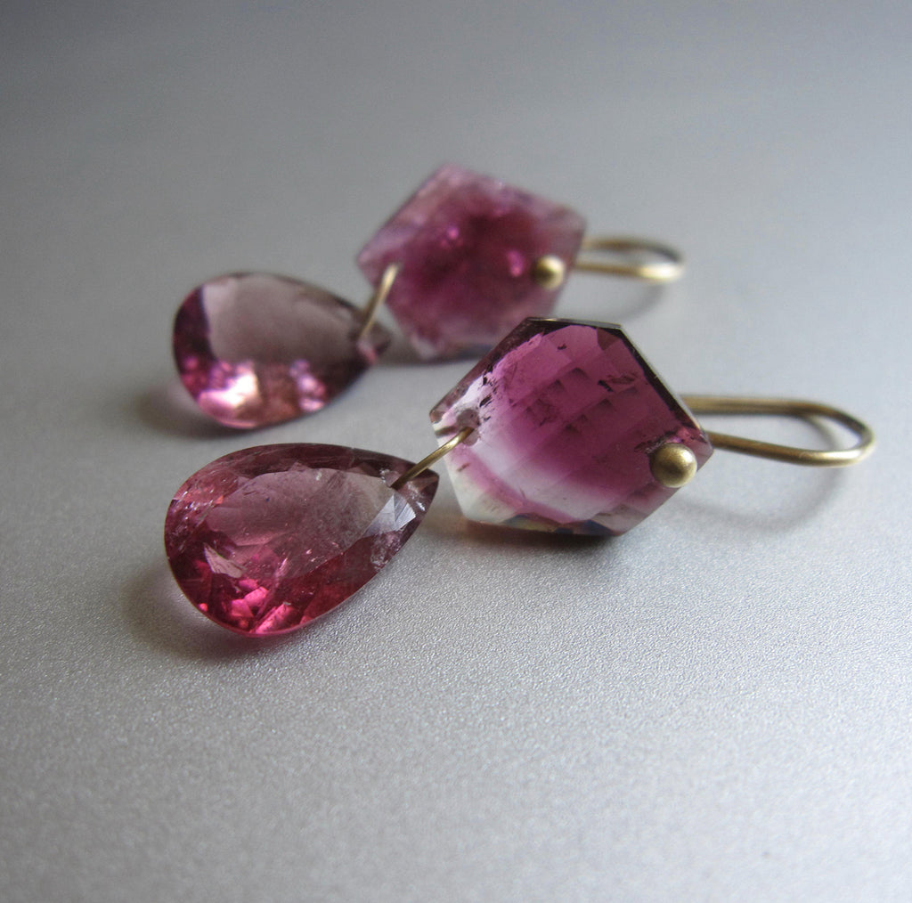 Pink Rubellite Tourmaline Mismatch Double Drops Solid 18k Gold Earrings4