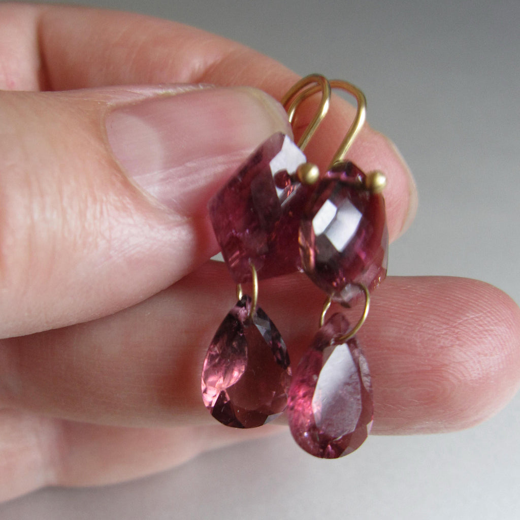 Pink Rubellite Tourmaline Mismatch Double Drops Solid 18k Gold Earrings2