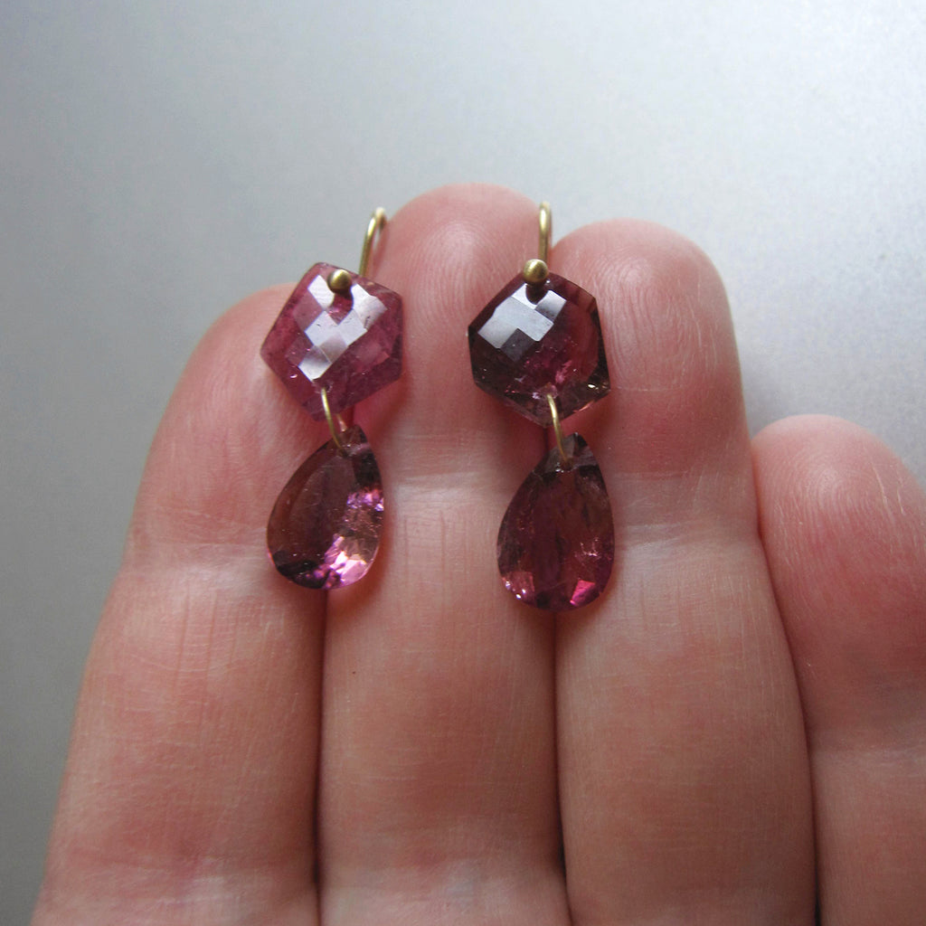 Pink Rubellite Tourmaline Mismatch Double Drops Solid 18k Gold Earrings5