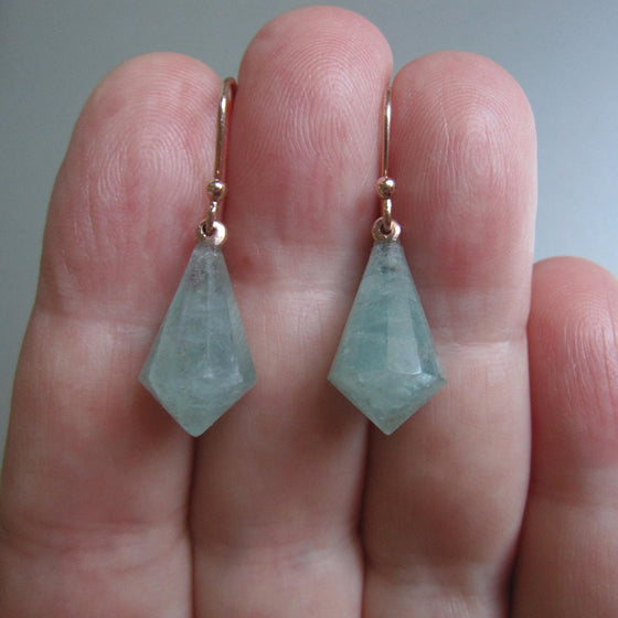 faceted pointed seafoam aquamarine drops solid 14k rose gold earrings