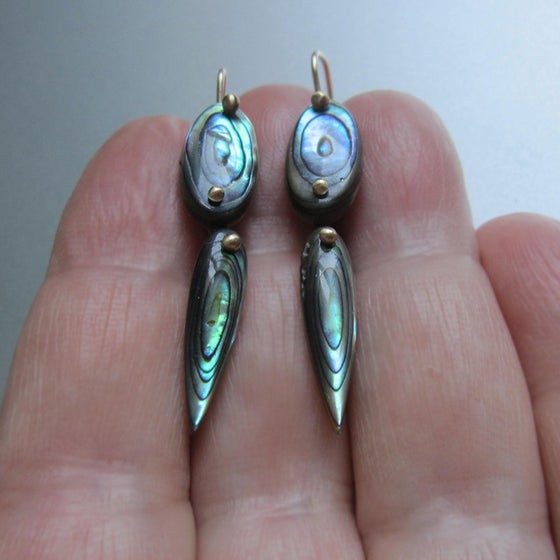 rainbow abalone double drop solid 14k gold earrings