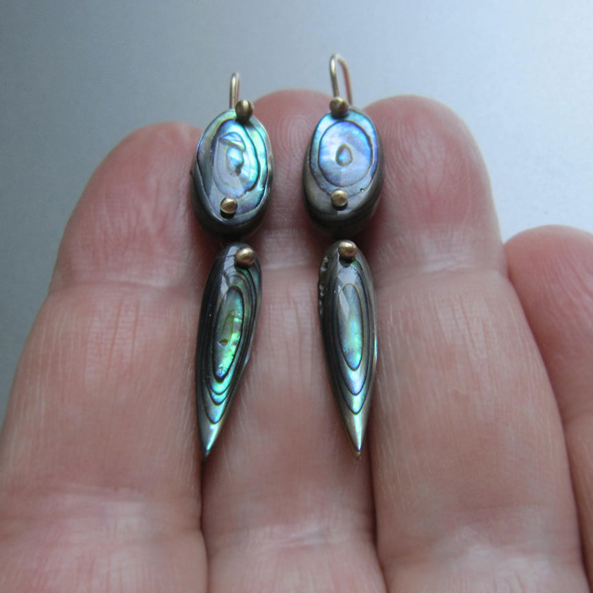 rainbow abalone double drop solid 14k gold earrings