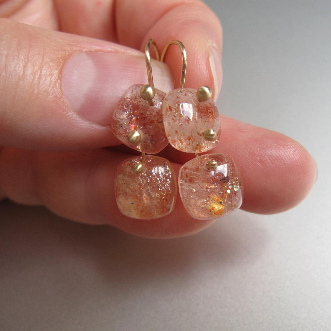 sunstone smooth cushion double drops solid 14k gold earrings