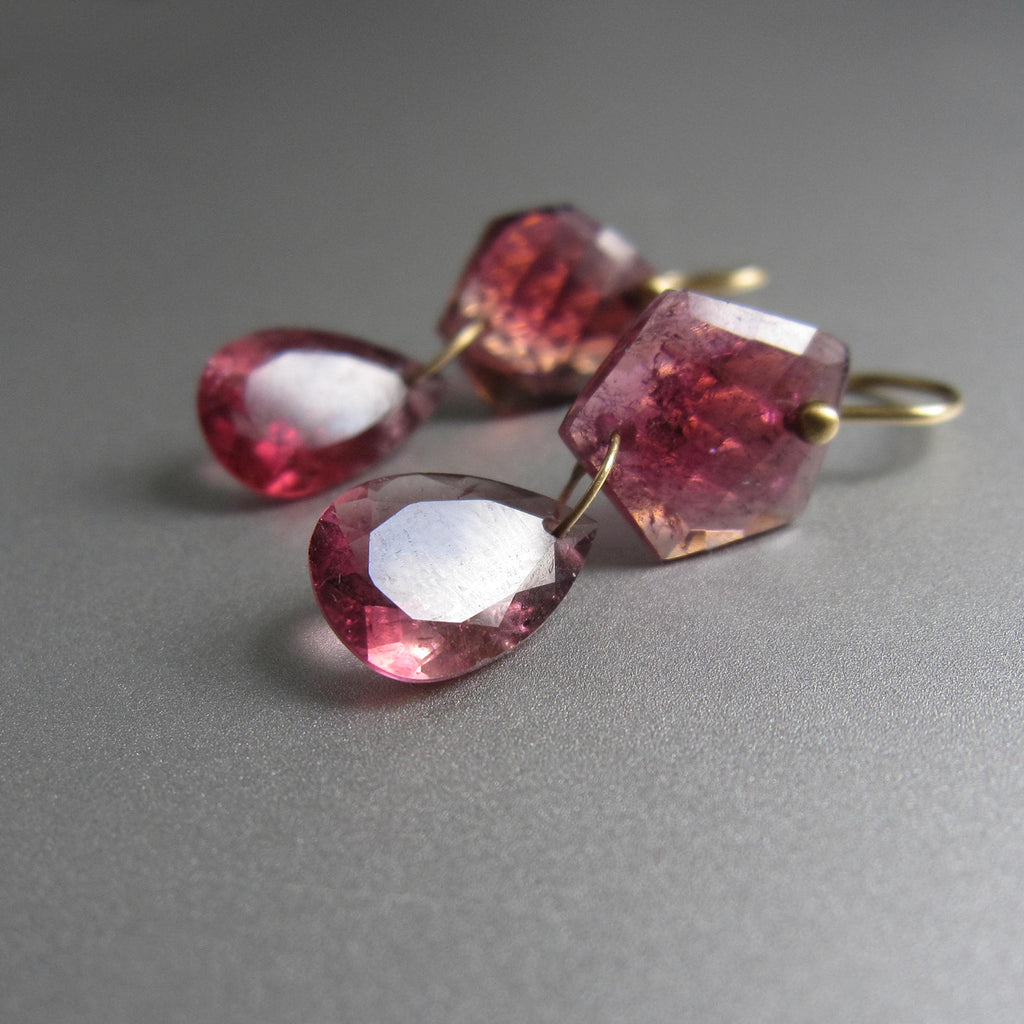 Pink Rubellite Tourmaline Mismatch Double Drops Solid 18k Gold Earrings3