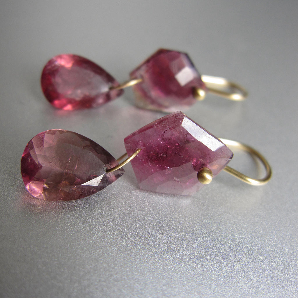 Pink Rubellite Tourmaline Mismatch Double Drops Solid 18k Gold Earrings7