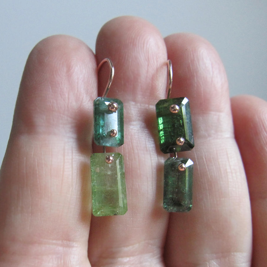 mismatched green tourmaline double baguette solid 14k rose gold earrings2