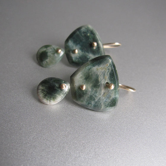 green ocean jasper double drops solid 14k gold earrings