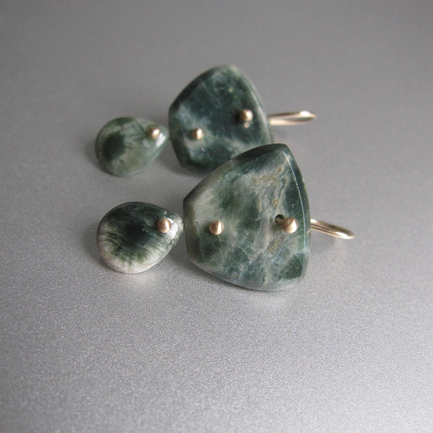 green ocean jasper double drops solid 14k gold earrings