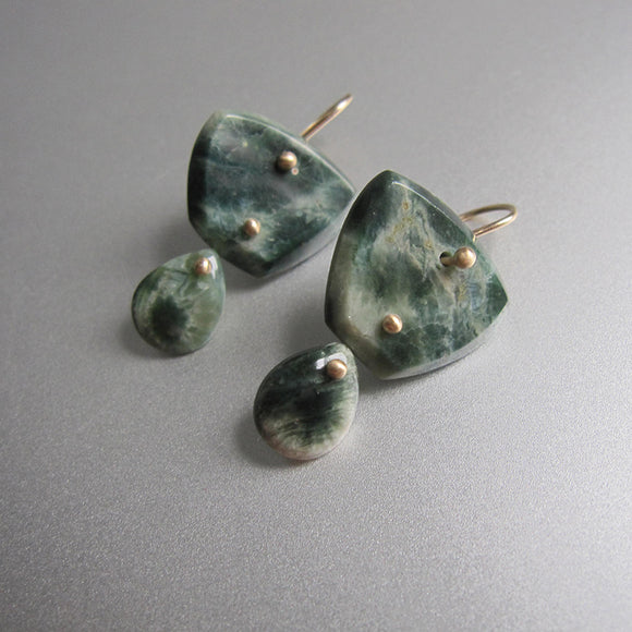 green ocean jasper double drops solid 14k gold earrings
