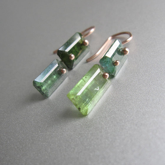 mismatched green tourmaline double baguette solid 14k rose gold earrings