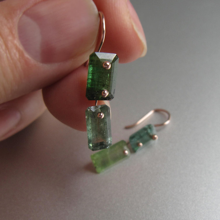 mismatched green tourmaline double baguette solid 14k rose gold earrings5