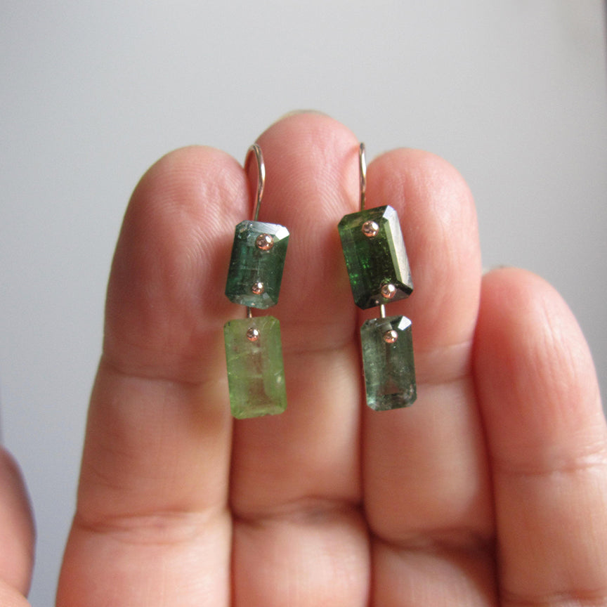 mismatched green tourmaline double baguette solid 14k rose gold earrings6