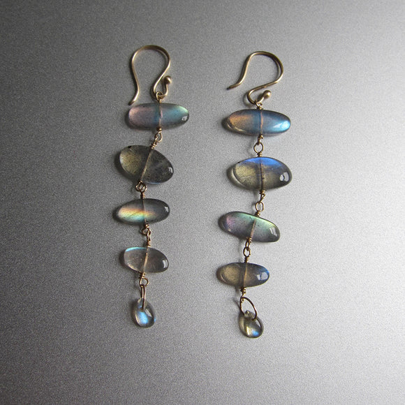 Five stone labradorite fishbone solid 14k gold earrings