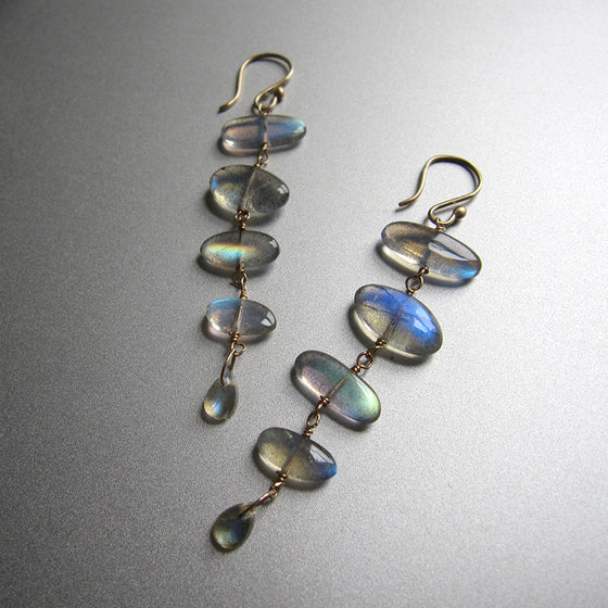 Five stone labradorite fishbone solid 14k gold earrings