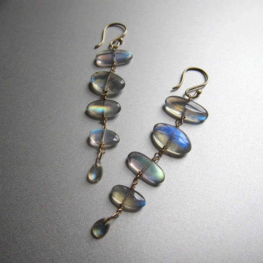 Five stone labradorite fishbone solid 14k gold earrings