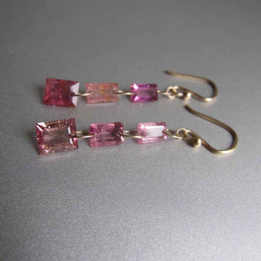 multi pink tourmaline baguette triple drop solid 14k gold earrings3