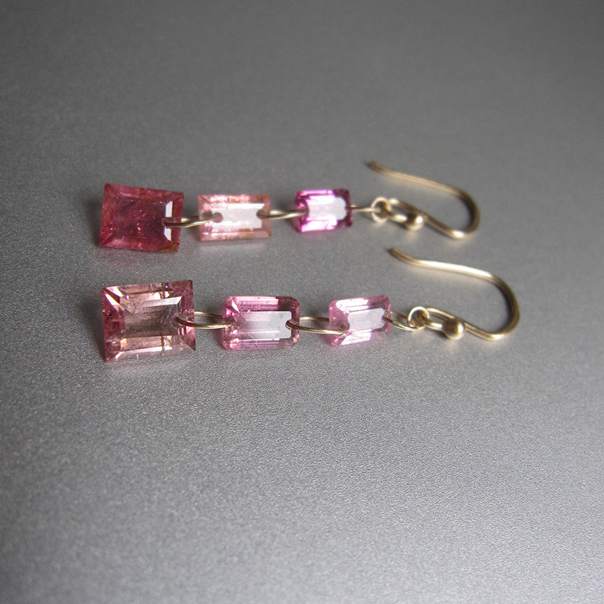 multi pink tourmaline baguette triple drop solid 14k gold earrings4