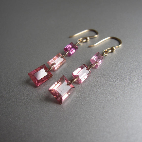 multi pink tourmaline baguette triple drop solid 14k gold earrings