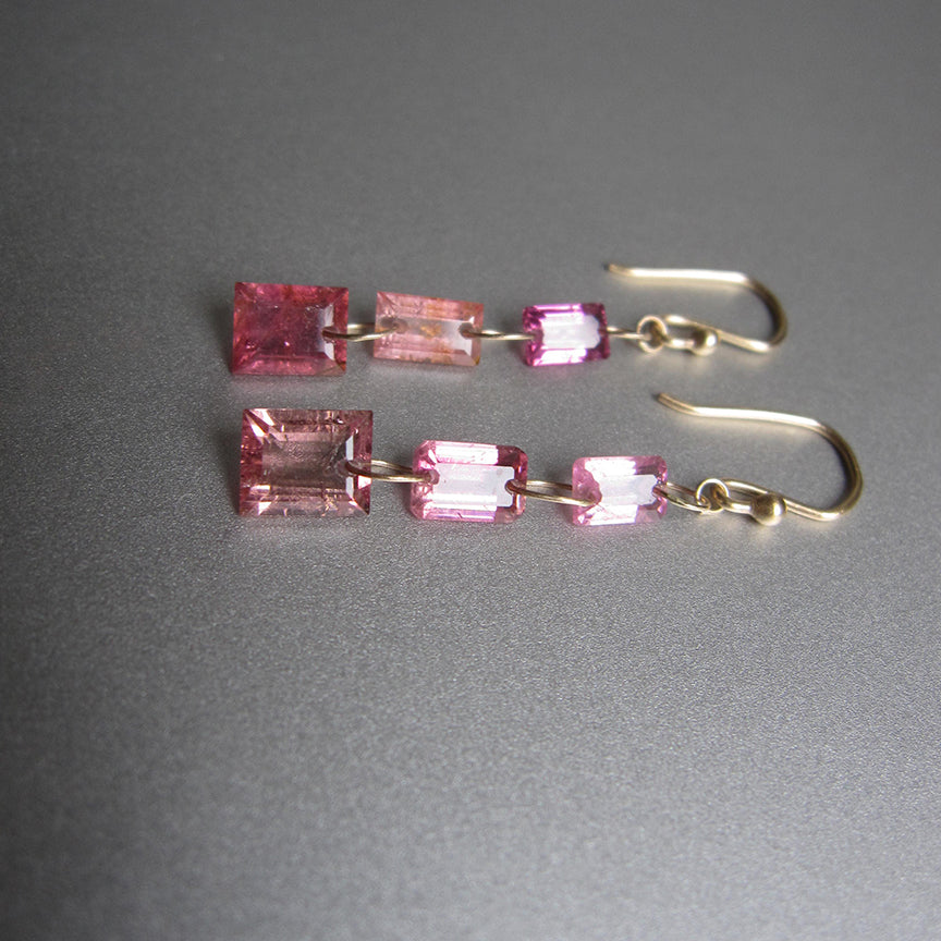 multi pink tourmaline baguette triple drop solid 14k gold earrings5