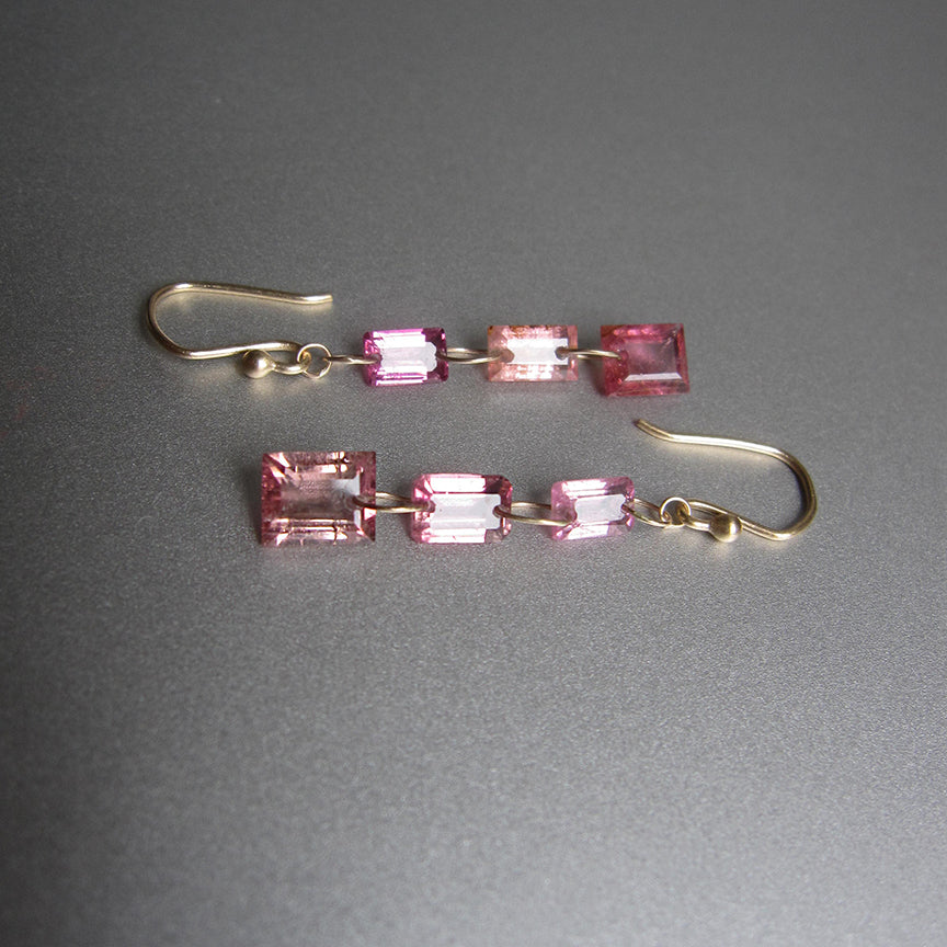 multi pink tourmaline baguette triple drop solid 14k gold earrings6