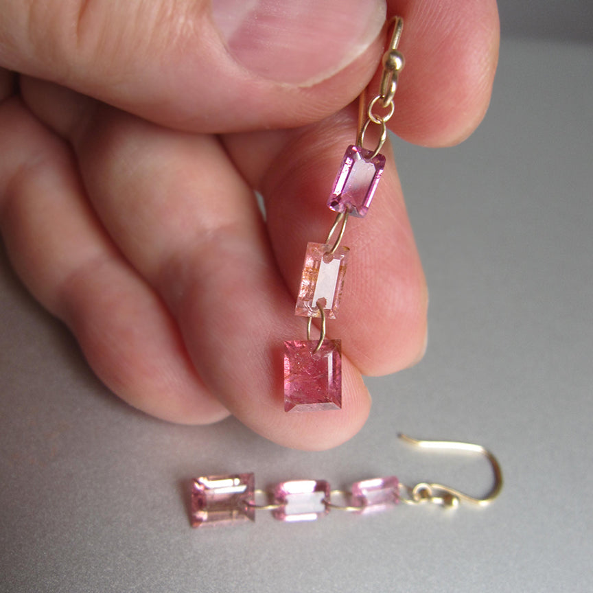 multi pink tourmaline baguette triple drop solid 14k gold earrings7